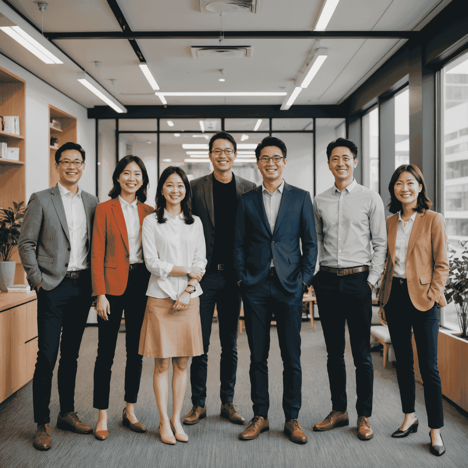 The SpeakFlow team standing together in a modern office space in Japan. They are a diverse group of communication experts, smiling and looking confident.