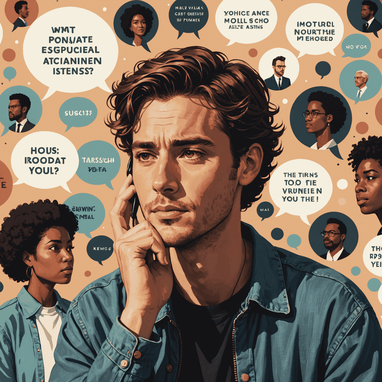 A person intently listening with their hand on their chin, surrounded by speech bubbles representing different voices and ideas.