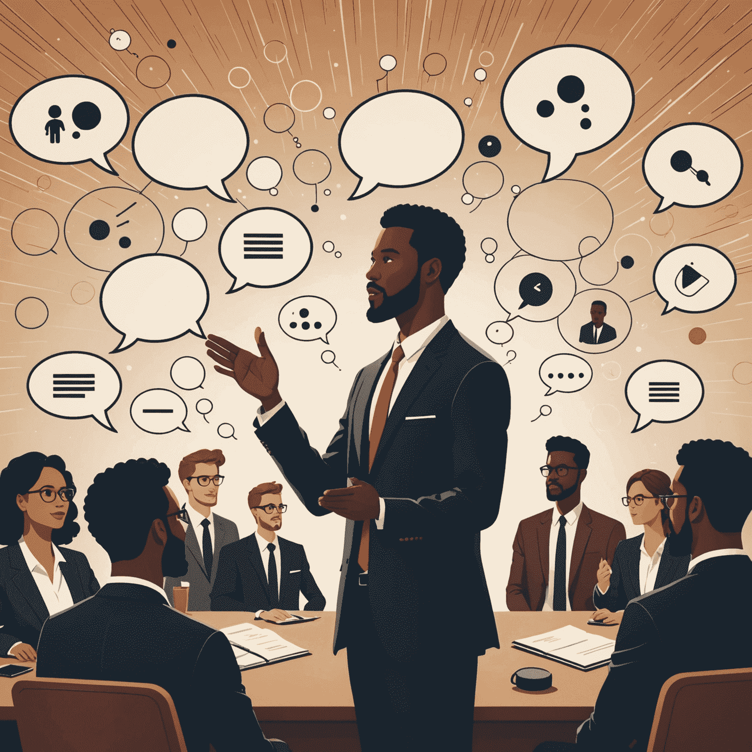 Illustration of a person confidently speaking to an audience, with speech bubbles and communication symbols floating around