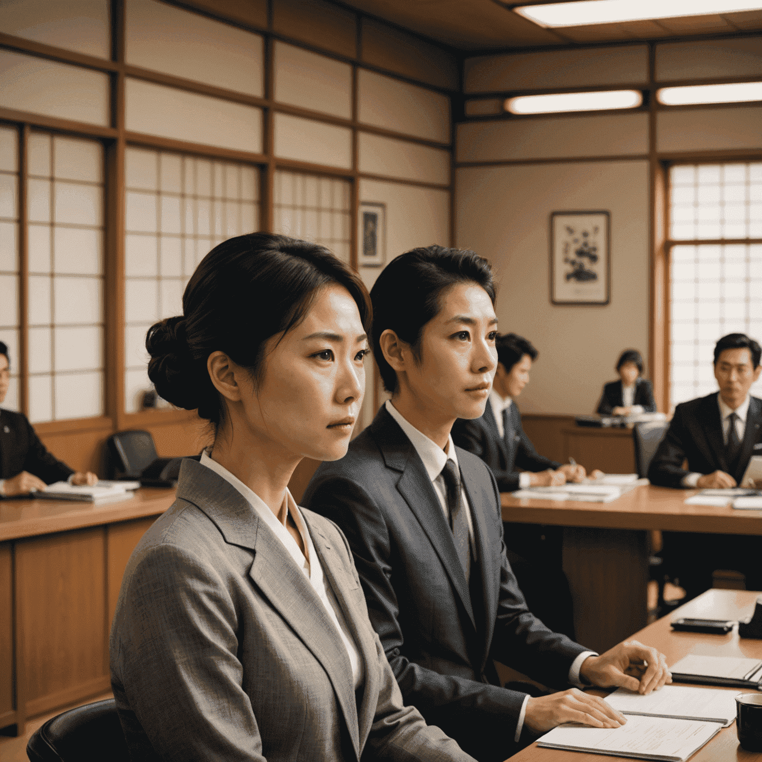 A person attentively listening to another, with visible cues of engagement such as eye contact, open body language, and nodding. The background suggests a professional office setting in Japan, with subtle Japanese design elements.