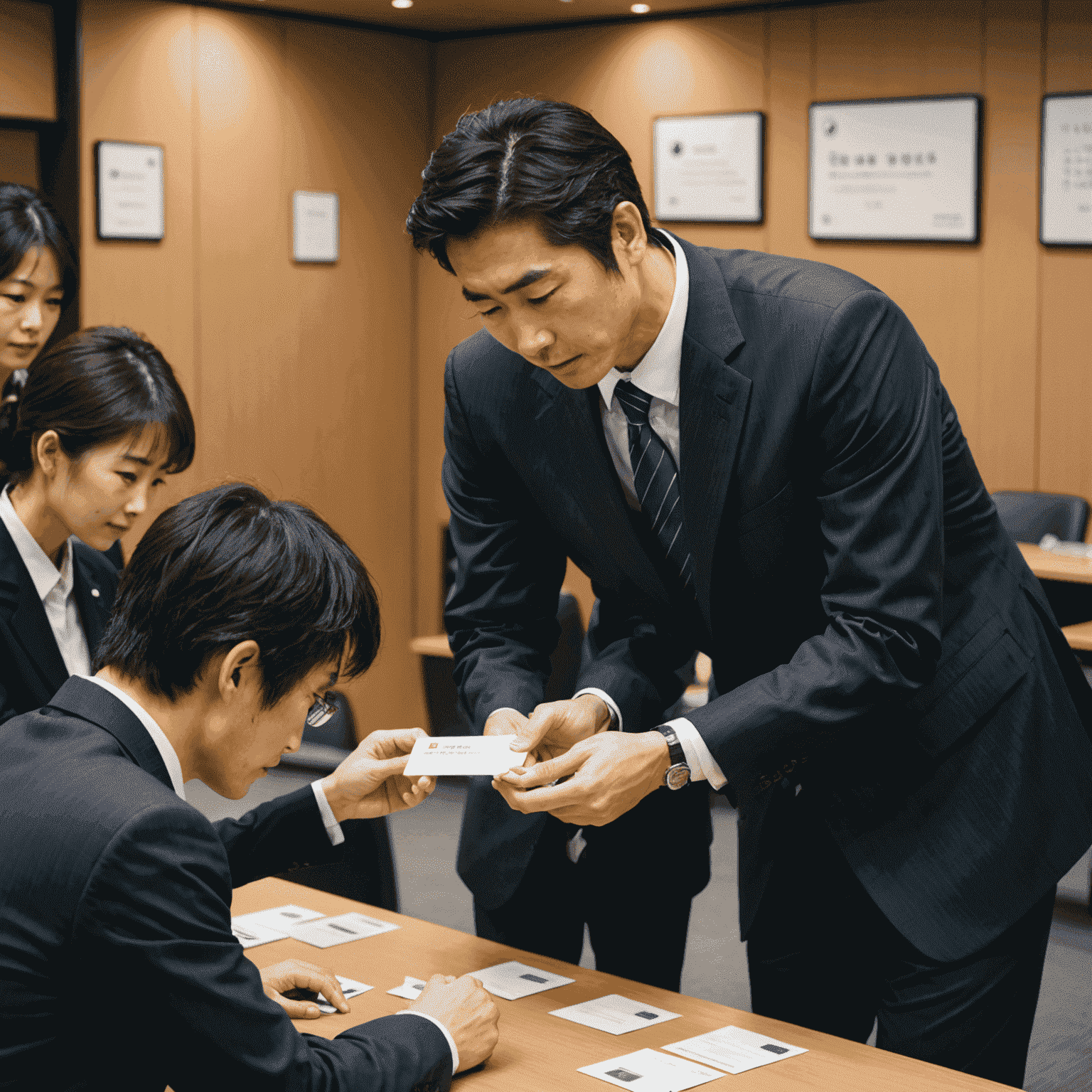 A Japanese business meeting showing people bowing and exchanging business cards, emphasizing non-verbal communication