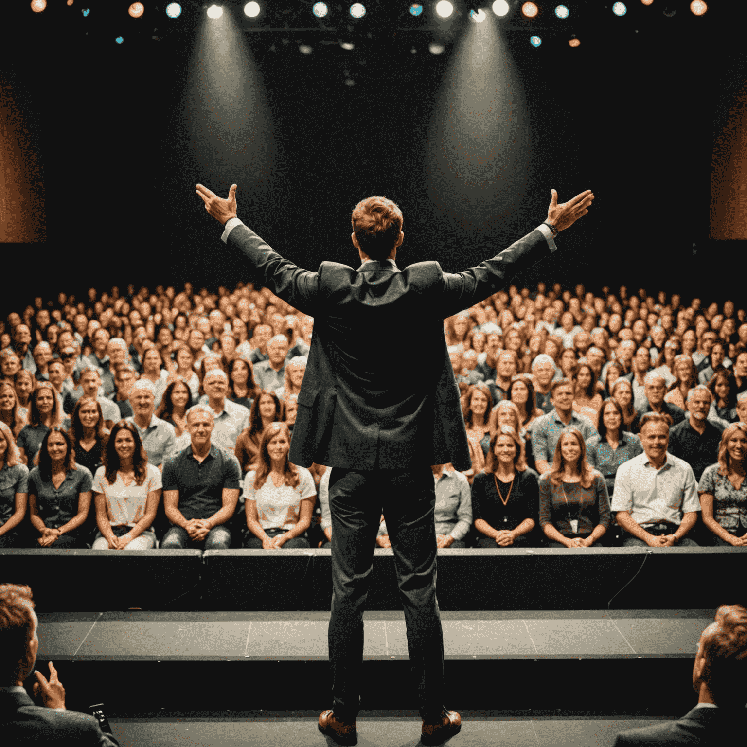 A person confidently speaking on stage to a large audience, with visual cues of relaxation techniques and positive body language