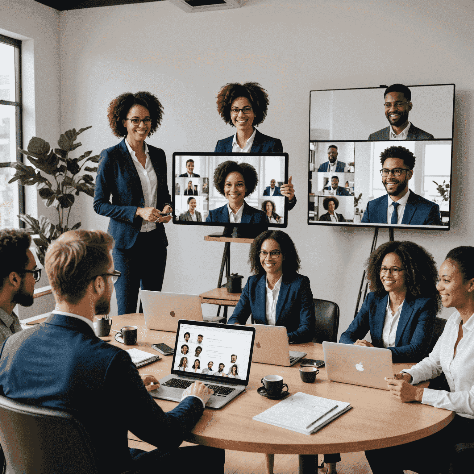 A diverse group of professionals engaged in a virtual meeting, showcasing various best practices for effective online communication