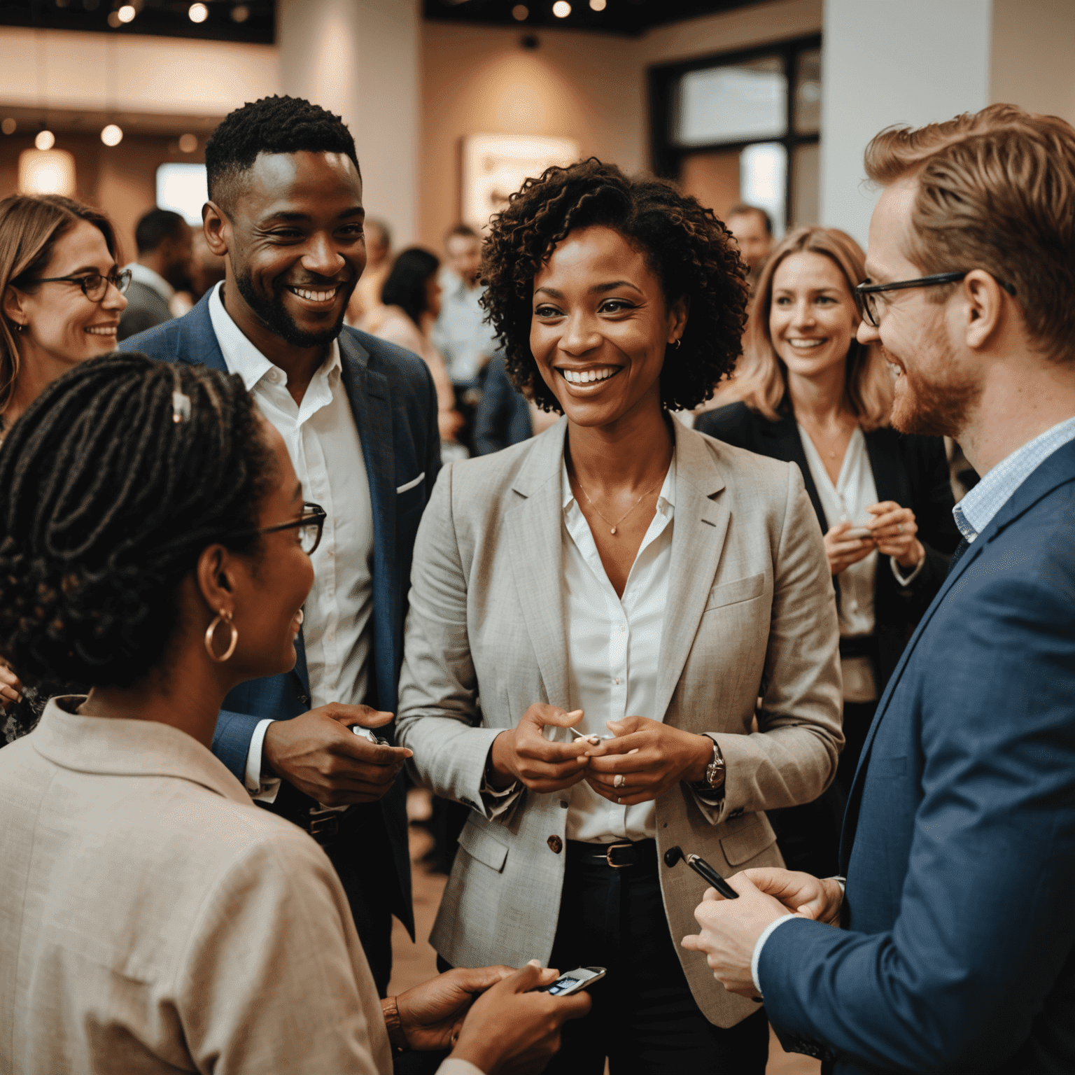 A diverse group of professionals engaged in animated conversation at a networking event. The image shows people smiling, making eye contact, and using open body language to build rapport.