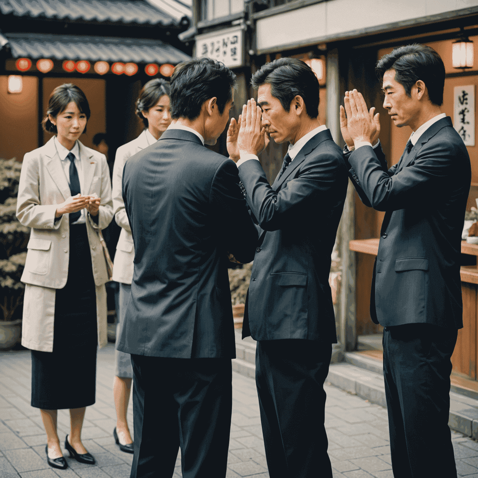 A Japanese business setting with people bowing and using hand gestures, emphasizing non-verbal communication in Japan.