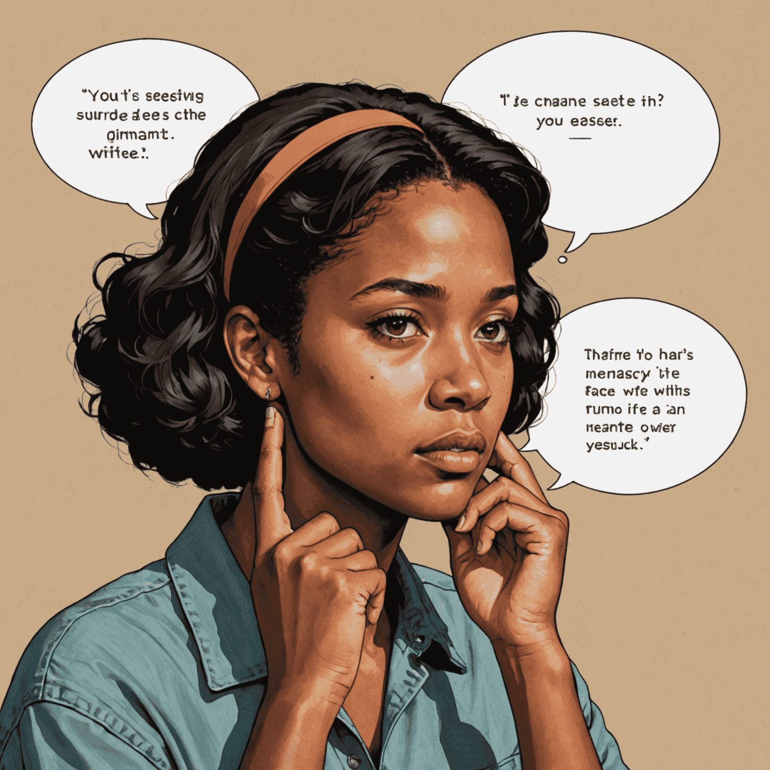 A person intently listening with their hand on their chin, surrounded by speech bubbles