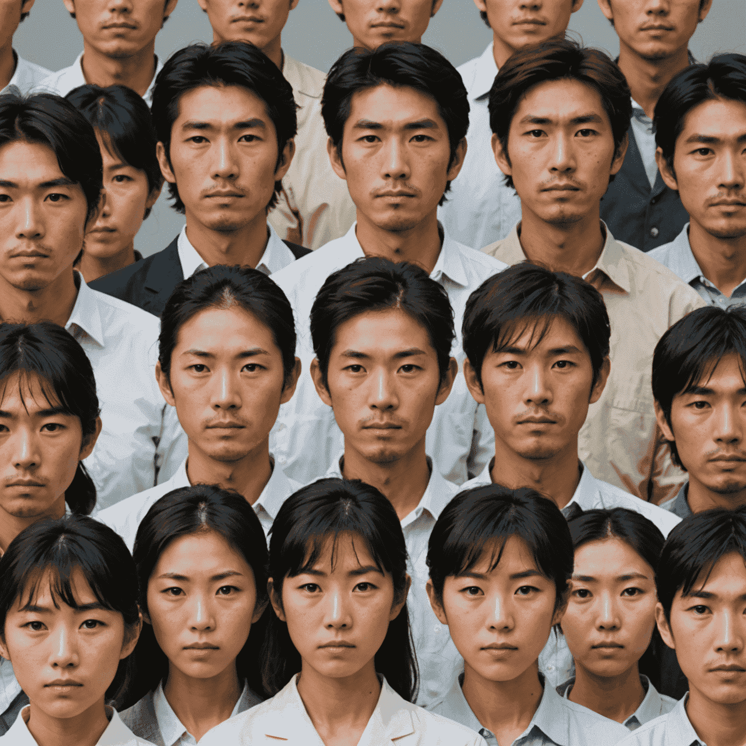 A group of Japanese people demonstrating various facial expressions and eye contact behaviors in different social contexts