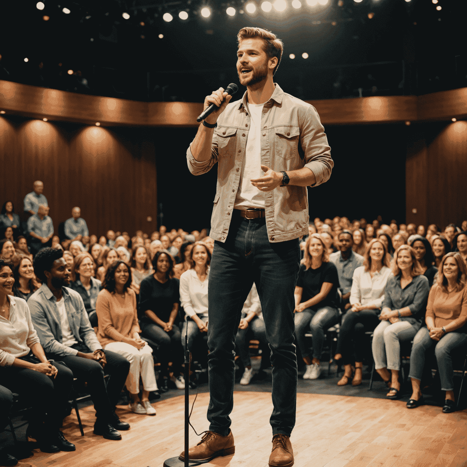 A confident person standing on a stage with a microphone, surrounded by a supportive audience