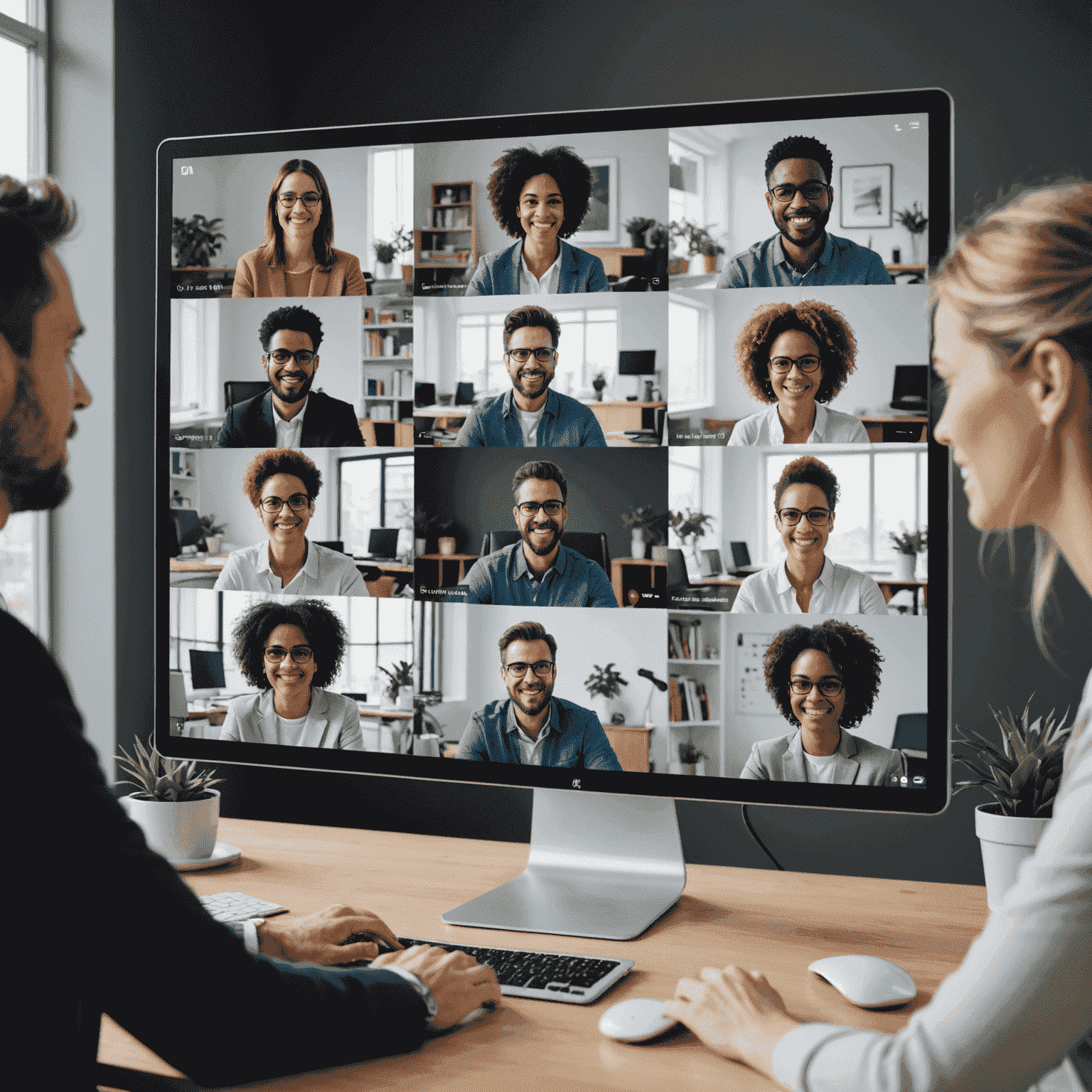 A computer screen showing a video conference with multiple participants actively engaging