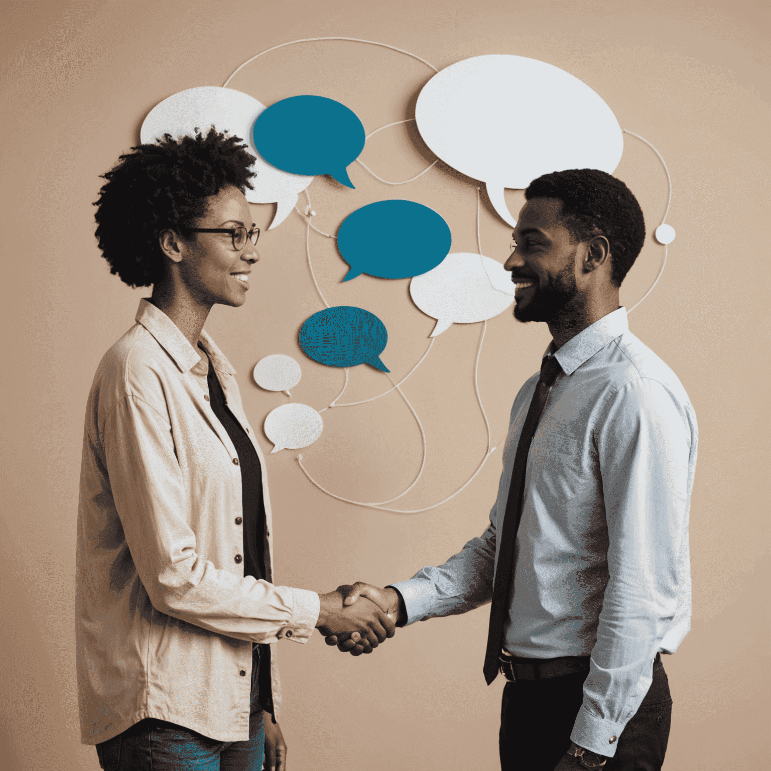 Two people shaking hands with speech bubbles and connection lines between them